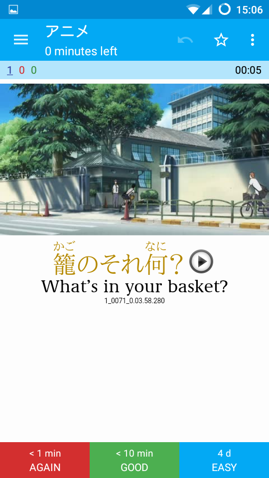 AnkiDroid review screen on an Anime deck for Japanese learning. The card shows a still from an anime, the Japanese sentence 籠のそれ何 with furigana, an audio button, and the English translation 'What's in your basket?'. Below sit three coloured grade buttons: Again less than one minute, Good less than ten minutes, Easy four days.