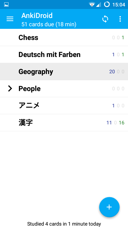 AnkiDroid deck list on Android: a single-column list with deck names and three small counters per row for new, learning, and due cards. Header reads AnkiDroid, 51 cards due in 18 minutes. Decks include Chess, Deutsch mit Farben, Geography, People, and Japanese kanji decks.