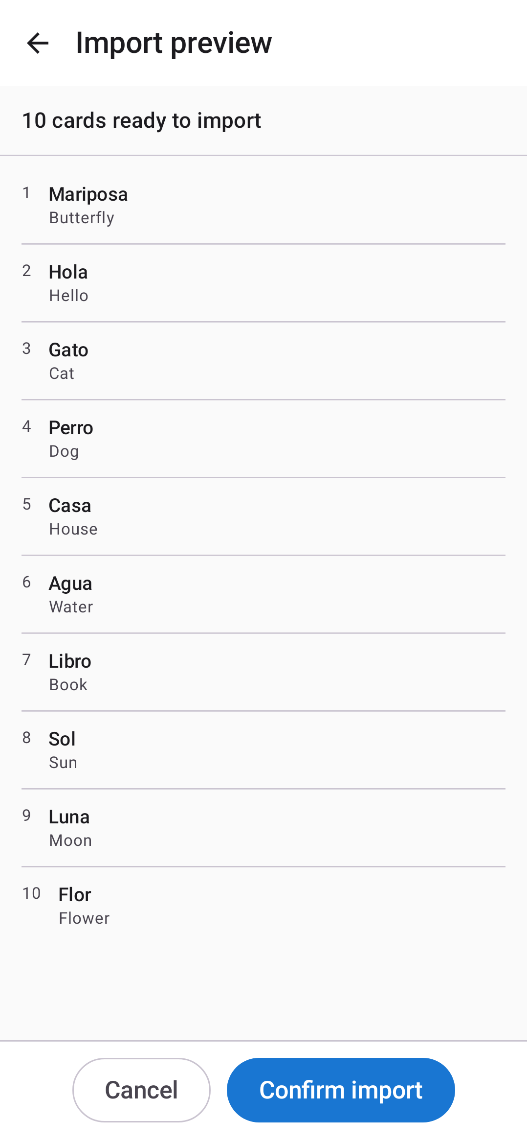 Peek Import preview screen on Android: ten Spanish to English pairs parsed from a CSV file, from Mariposa / Butterfly to Flor / Flower, under the heading 10 cards ready to import, with Cancel and Confirm import buttons at the bottom.