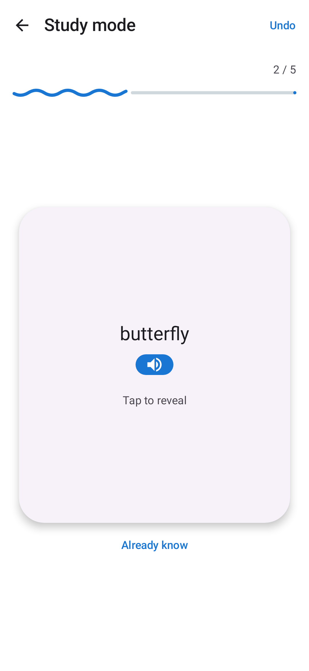 Peek study session: the prompt word butterfly with an audio playback button, a Tap to reveal hint, and an Already know shortcut below the card.