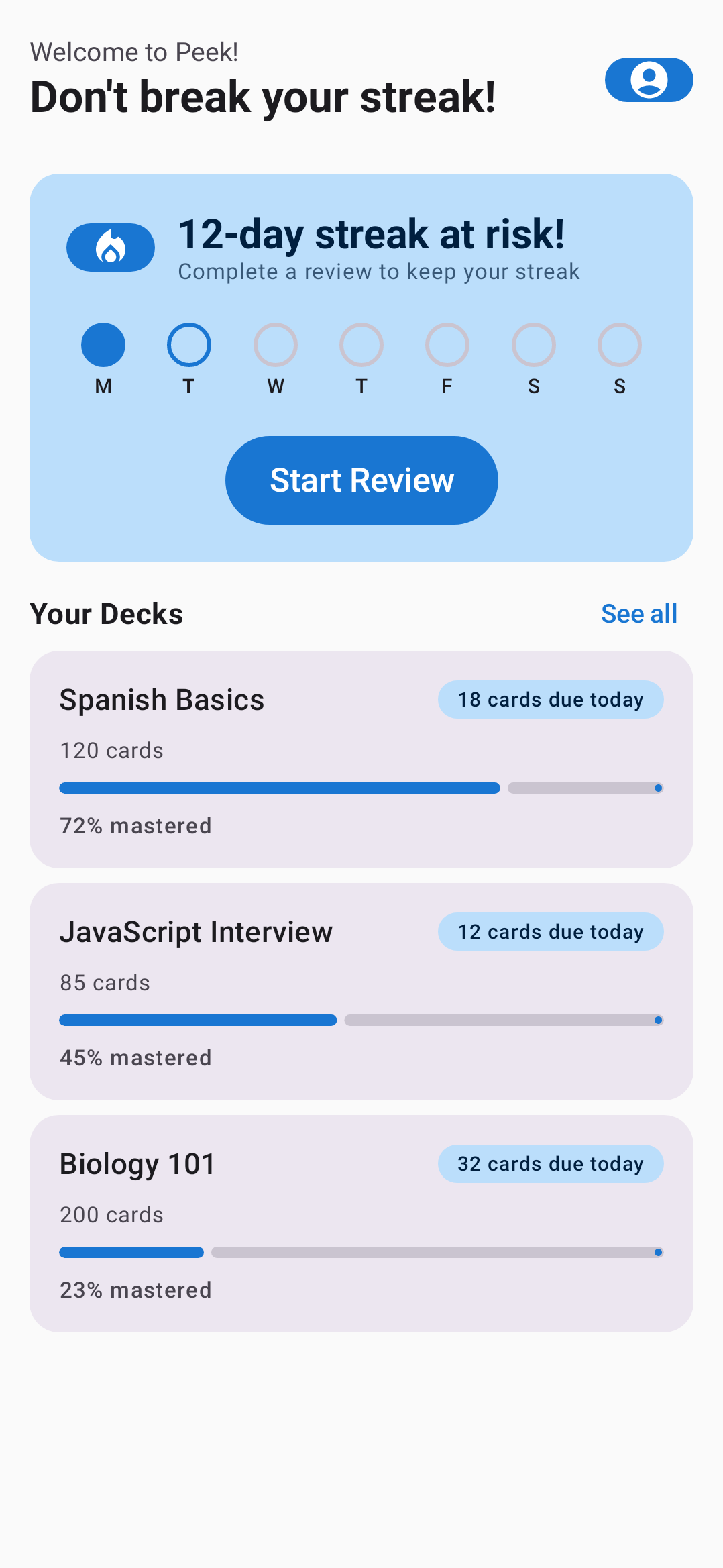 Peek app — home screen with streak tracker and study decks